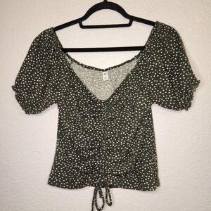 Bp Green Polka Dot Women's Topsmall Short Sleeve Queen Anne Neckline Top